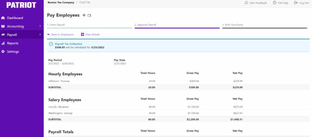 Patriot Payroll工资单仪表盘。