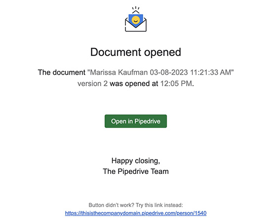 Tracking documents opens in Pipedrive.